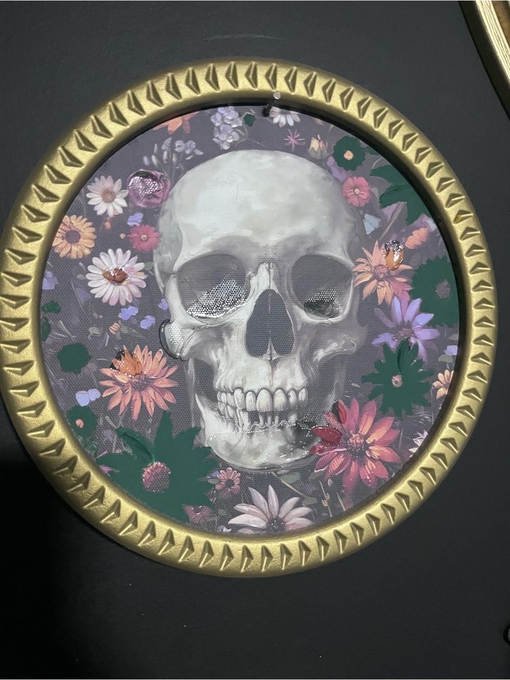 Floral Skull Wall Art in Purple and Gold Frame